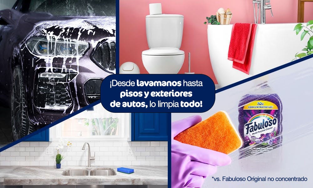 Producto de limpieza multiusos al lado de una esponja con imágenes de un inodoro, un fregadero y un motor de coche limpios.